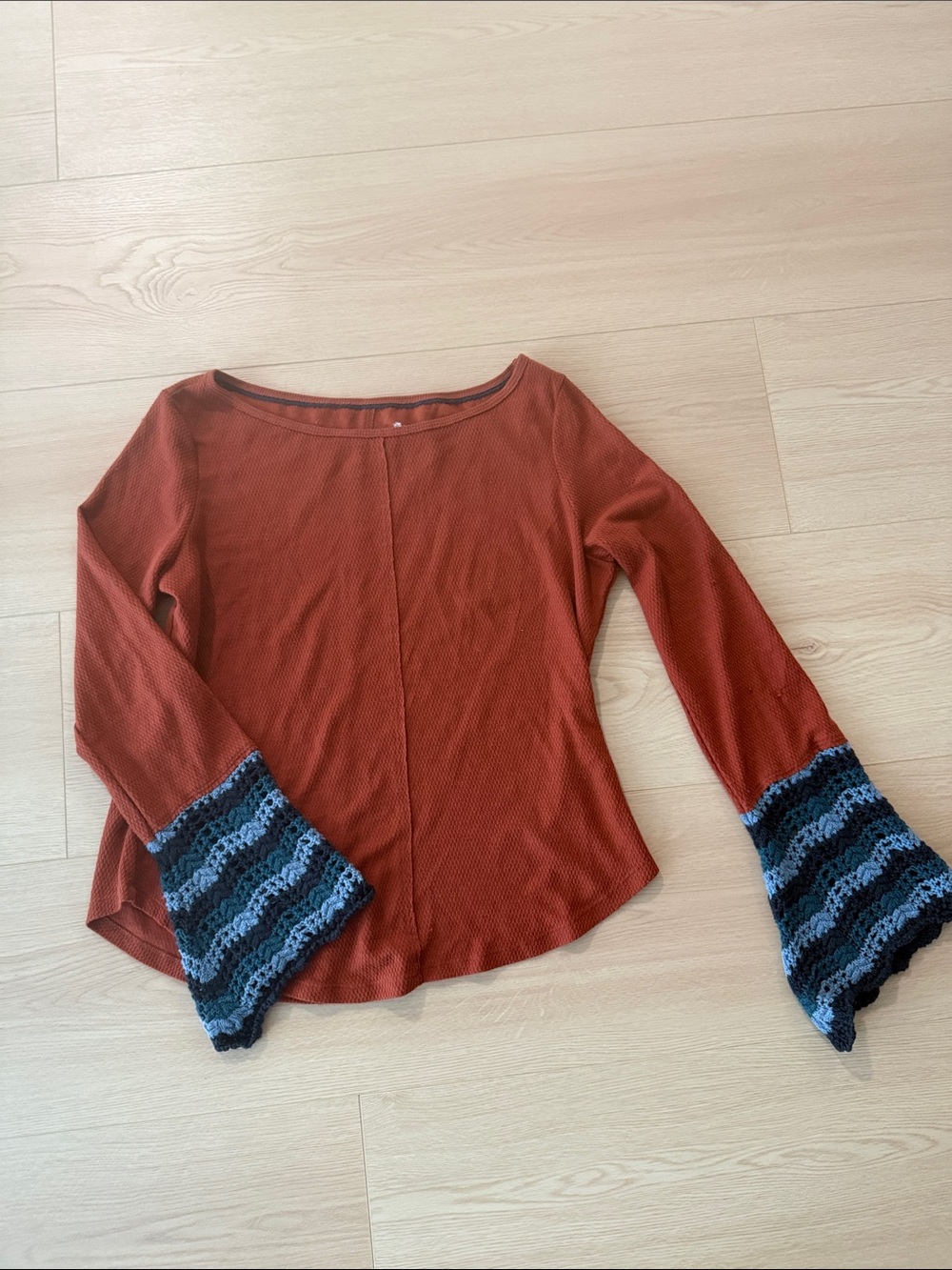 Pilcro Waffle Knit Rust Bell Sleeve Top with Crochet Trim